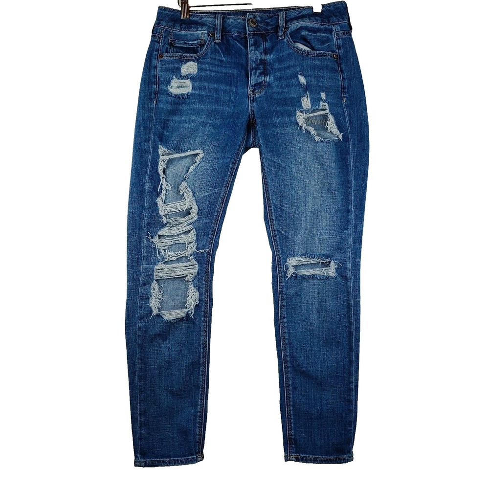 American Eagle Tomgirl Jeans Womens 4 Regular (32x28) Blue Distressed Button Fly